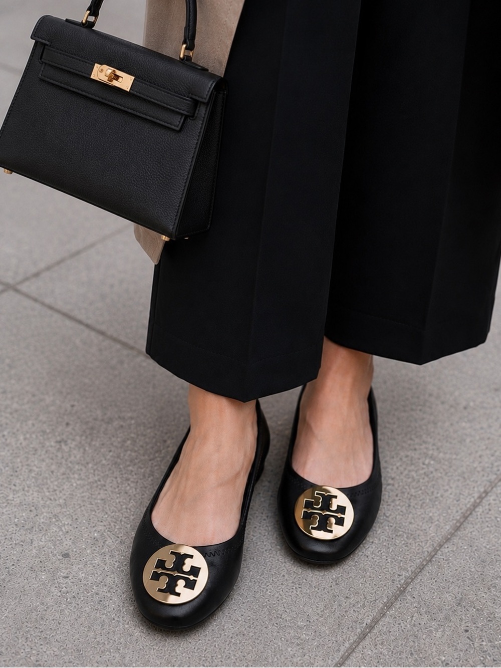 Tory Burch Minnie Travel Leather Ballet Flats Black/Gold Size 7.5